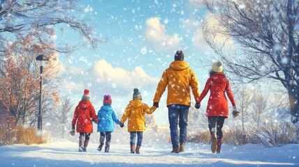 Family enjoying snowy park walk on Thanksgiving