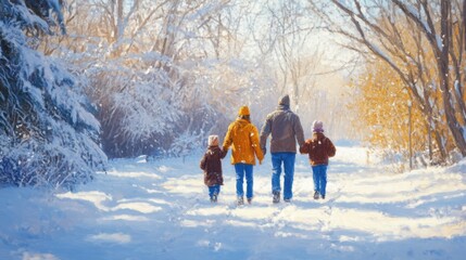 Snowy family walk in park celebrating Thanksgiving joyfully