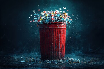 A Red Trash Can Filled with Shattered Social Media Icons