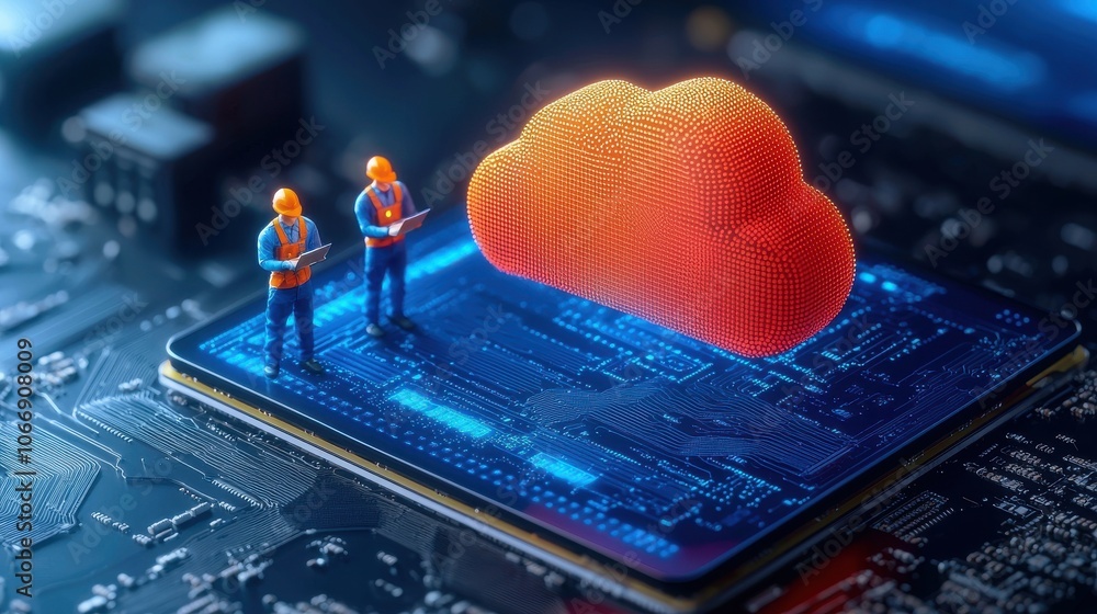 Poster a vibrant digital scene depicting two figures standing on a circuit board next to a glowing cloud sy