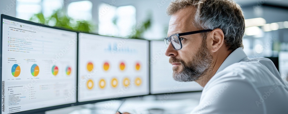Poster a focused professional analyzes data on multiple screens in a modern office, illustrating the integr