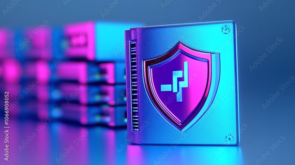 Poster cybersecurity shield with digital storage background