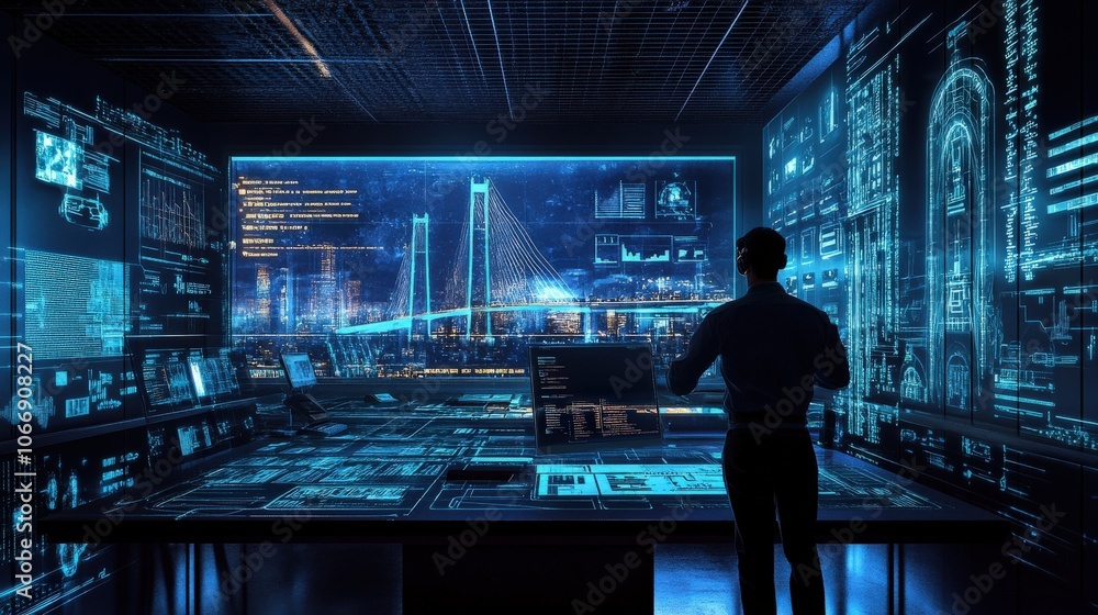 Poster an engineer engages with virtual reality technology in a sleek design lab, exploring advanced concep