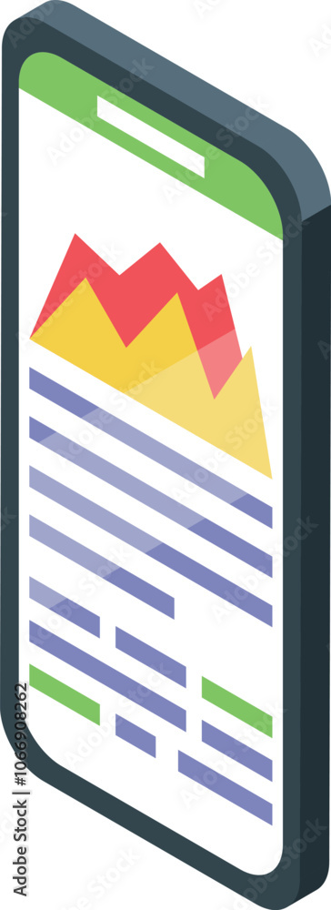 Poster isometric smartphone displaying financial charts and data analysis for business growth