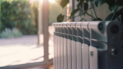 Close-up of home radiator with natural light from window