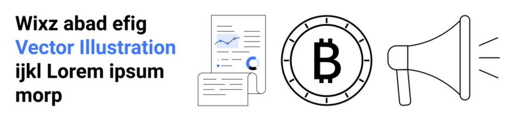 Text blocks, analytics charts, Bitcoin symbol, and megaphone. Ideal for digital marketing, cryptocurrency, finance, advertising, analytics, blockchain financial technology Landing page