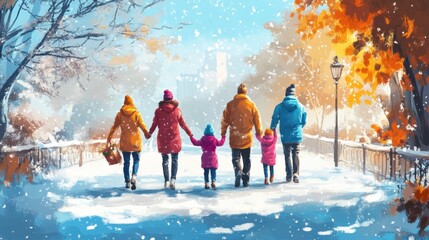 Joyful family enjoying winter walk in picturesque snowy park