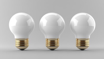 Three classic light bulbs shining brightly on a neutral gray background