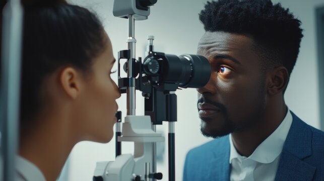 A patient is receiving an eye exam from an optometrist using specialized equipment to assess vision and eye health in a clinical environment