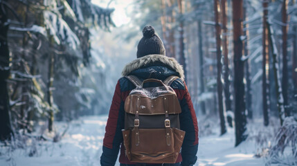 Traveler with backpack exploring snowy forest in winter - Powered by Adobe