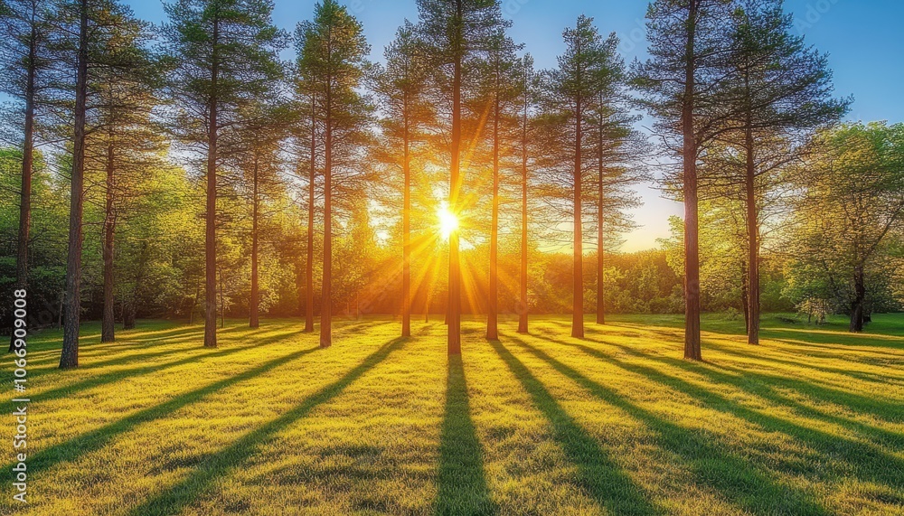 Poster sunlight breaking through trees in a forest creates a serene and chaotic atmosphere