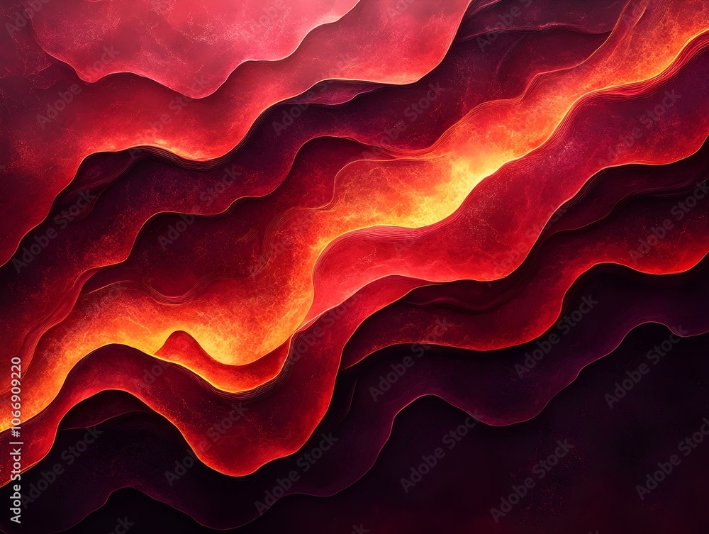 Poster a mesmerizing abstract artwork featuring flowing waves of vibrant red and orange hues, creating a dy