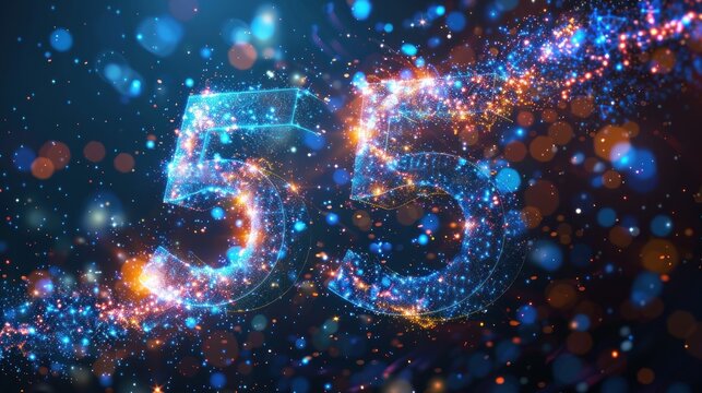 The number 55 is rendered in a futuristic, abstract style with glowing blue and orange particles. The background is a dark blue with bokeh effects.