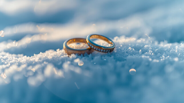 Wedding rings on frosty snow with soft winter lighting