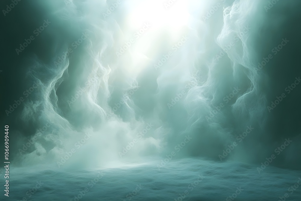Poster a mesmerizing ethereal scene featuring soft, swirling mist illuminated by a radiant light source, cr