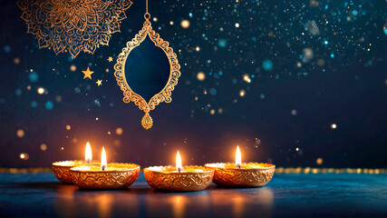 Diwali card design. Traditional celebration background with a textured maroon surface decorated with shimmering gold motifs, flickering oil lamps, and sparks. Oriental festival of lights. Ramadan