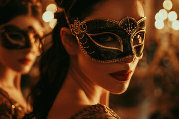 Elegant venetian masked woman in golden attire at a masquerade ball ai generative