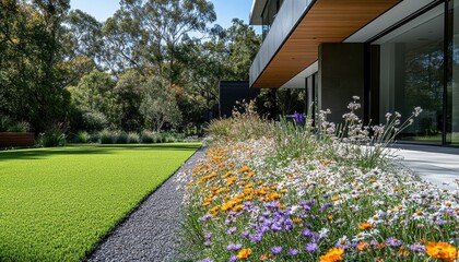 Modern Australian home with vibrant landscaping in a calm outdoor space