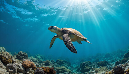 Obraz premium Calm sea turtle swimming gracefully underwater with sun rays shining through
