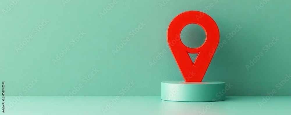 Poster a bright red location pin stands on a mint green surface, emphasizing navigation and mapping themes.