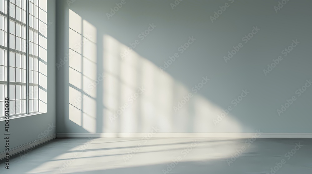 Poster the image shows a blank interior room with a large window on the left side, casting long shadows on 