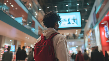 Fototapeta premium Shopper with Red Backpack in Modern Mall