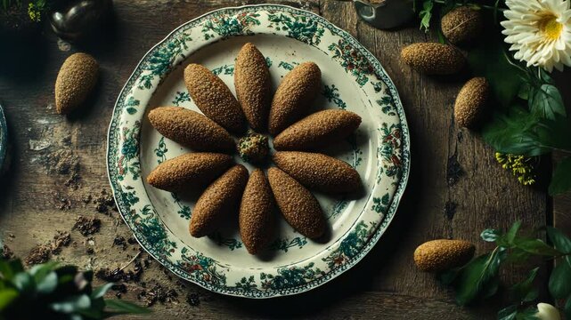 A plate of kibbeh, a traditional Lebanese dish, sits on a rustic wooden table