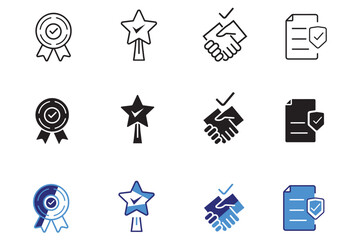 Verified checkmark guarantee icon set. Vector illustration of trust, warranty, agreement, badge,  confirms, approval mark. Certified award for successful business. Badge warranty for web and app