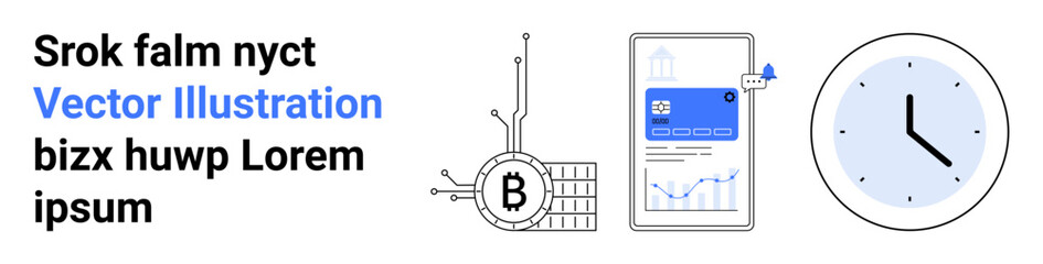 Bitcoin logo on a circuit, digital document with graphs, and a clock. Ideal for finance, cryptocurrency, technology, business, data, time management, and presentations. Landing page
