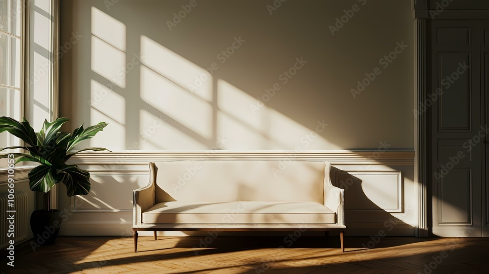 Poster a white couch sits in the center of a room with a window to the left, a closed door to the right and