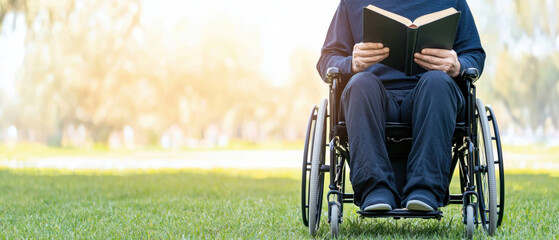 Obraz premium A person in a wheelchair is reading a book on a sunny day in a green grass setting.