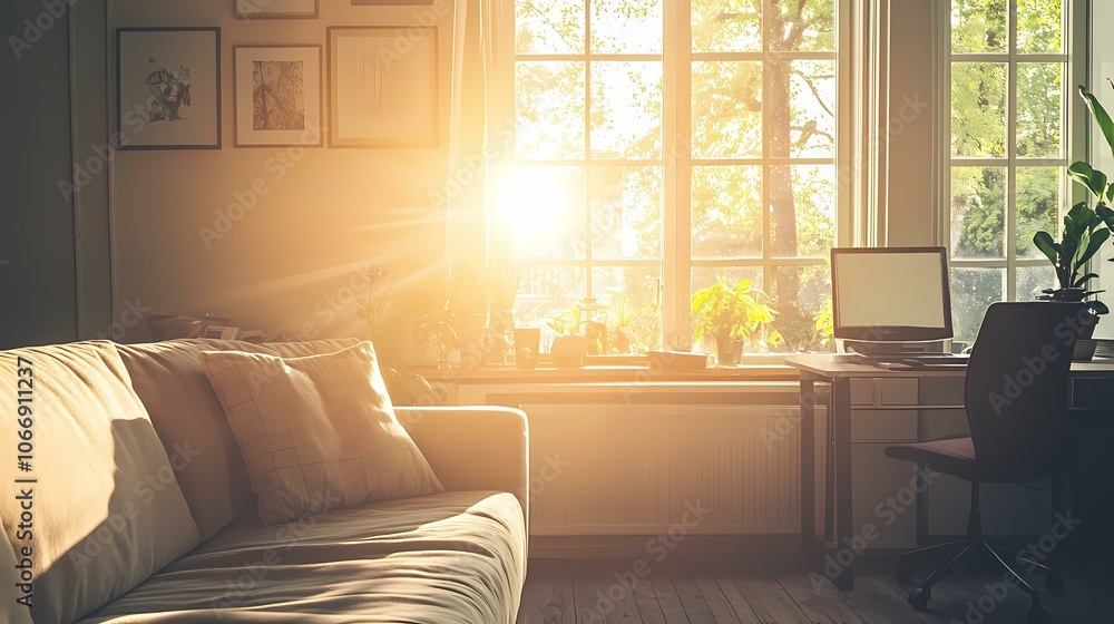 Poster a white couch sits next to a large window in a room, with sunlight streaming in. a computer monitor 