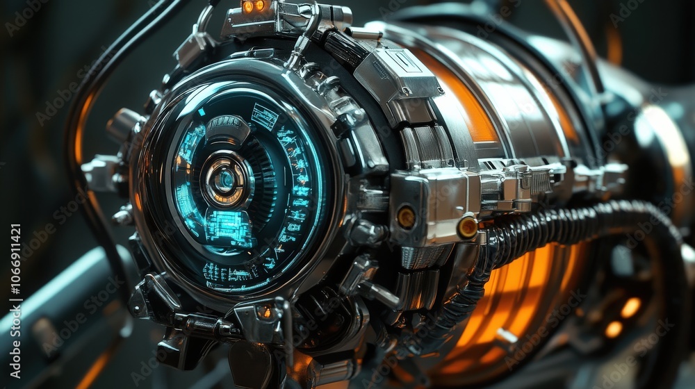 Poster the advanced device features complex mechanics with glowing elements, highlighting its high-tech des