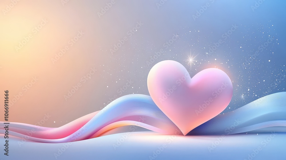 Poster a beautiful glowing heart background filled with shimmering effects and soft gradients, ideal for ad