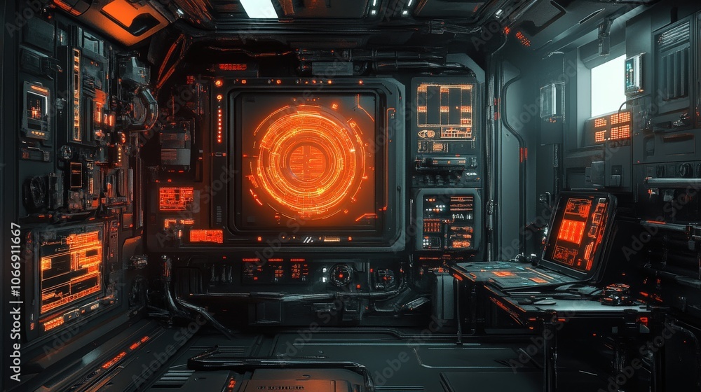 Poster a futuristic control room filled with high-tech equipment and illuminated displays. the glowing oran