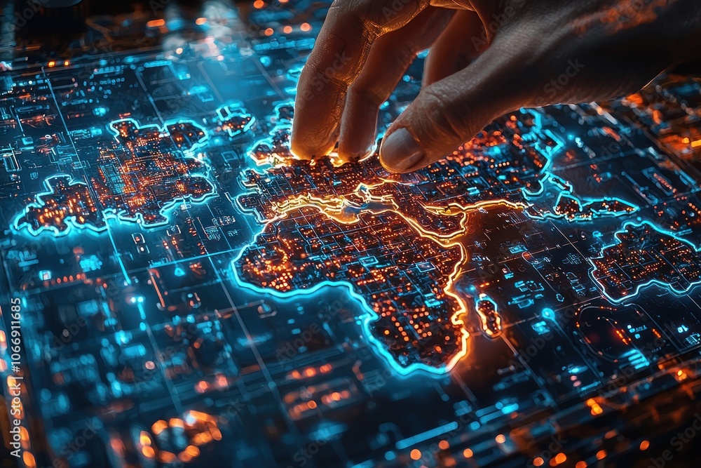 Poster a hand interacting with a futuristic digital map of the world
