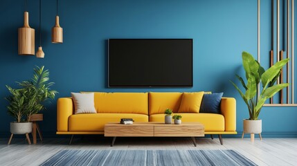 Modern living room interior with a yellow sofa, wooden coffee table, and blue walls