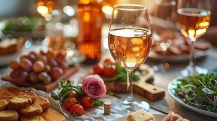 Autumn or fall season. Close up wine glasses at dining table with various snacks, small trousers and cheese board on white linen clothed dinner party table in sunny living room.