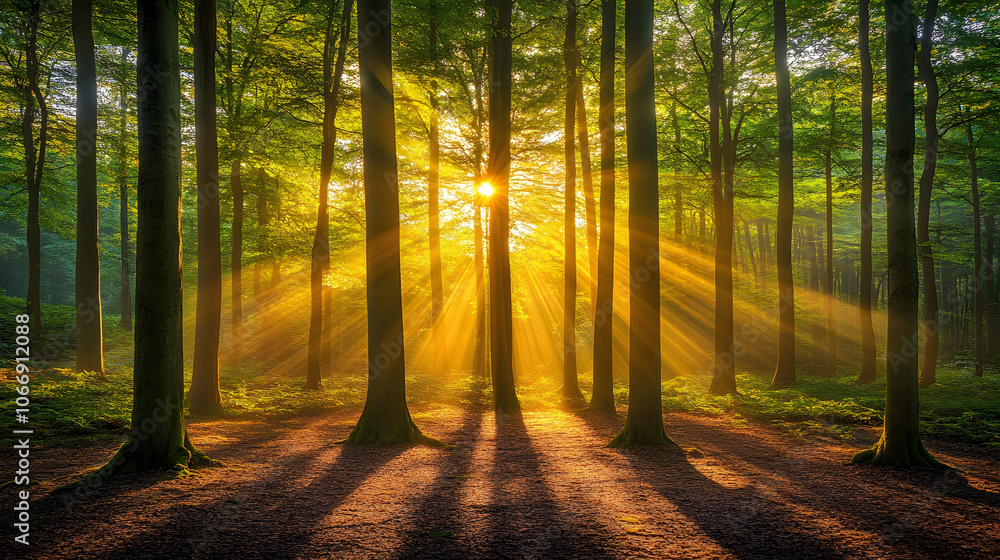 Aufkleber A serene forest scene with sun rays streaming through trees, casting shadows on the ground, creating a peaceful and enchanting atmosphere.