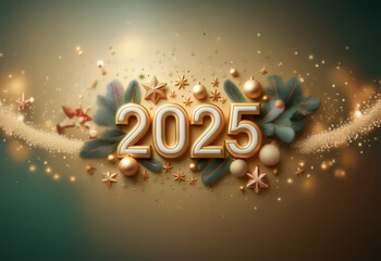 A gold 3D  '2025' surrounded by sprigs, ornaments, and sparkling lights against a gradient green and gold background.