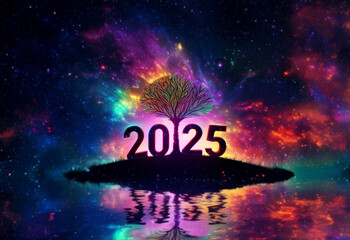 A glowing tree stands on an island in the middle of a starry night sky, with the number 2025 shining above it.