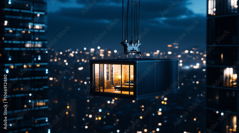 Poster a night scene of a modular container with illuminated interior as itâs lowered by crane into an ap