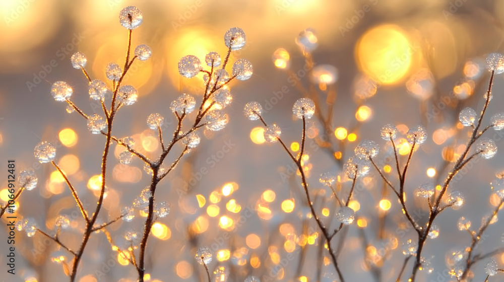 Poster A close-up of delicate branches adorned with sparkling droplets, illuminated by warm sunlight, creating a magical bokeh effect.