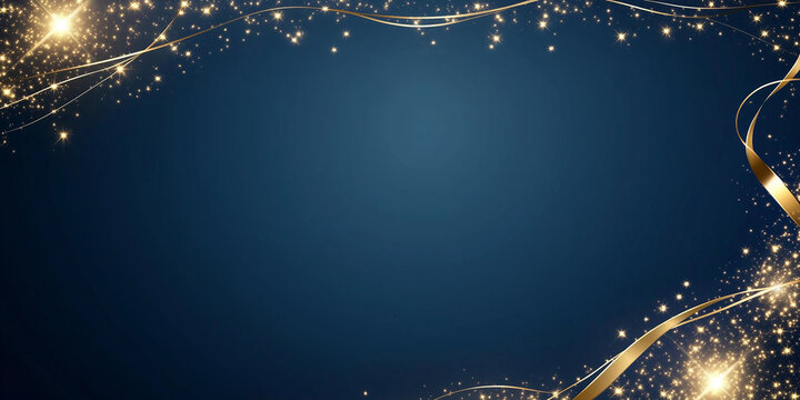 A serene navy blue background dotted with shimmering gold stars and illuminated gilded ribbons flowing gracefully from the top corners, leaving the lower center free for festive te