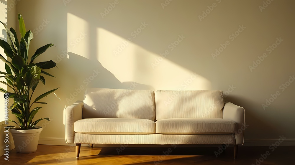 Poster a cream-colored sofa sits in front of a large window, casting a shadow from the sun on the wall. the
