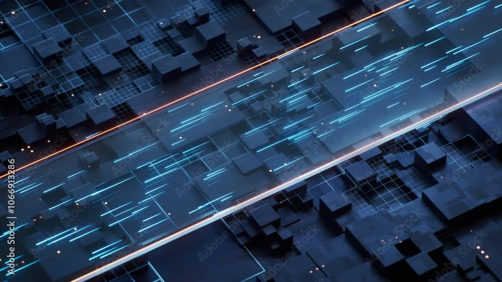 Aufkleber technology circuit board with flowing transmission lines, 3d rendering.