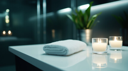 A pristine white table in a softly lit bathroom with delicate glass candle holders casting warm flickering flames, a folded cotton towel, and a small potted plant, creating a tranq