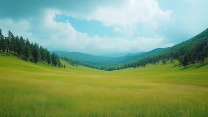 Obraz premium Idyllic landscape of vibrant green grasslands in Russia perfect for nature lovers and explorers