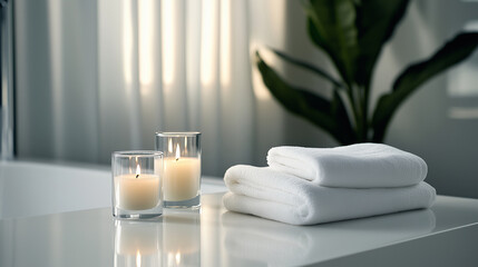 A pristine white table in a softly lit bathroom with delicate glass candle holders casting warm flickering flames, a folded cotton towel, and a small potted plant, creating a tranq