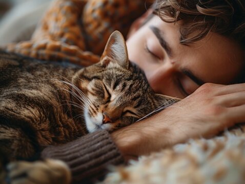 man napping on a couch, his cat curled up on his chest.